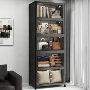 Stackable Storage Bins with Lids, 550QT Lockable Storage Cabinet
Closet Organizers, Foldable Storage Box with Doors and Wheels, Plastic Drawers for Home, Garage, Office (5, Black, Plus)