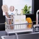 Cisily Dish Soap Dispenser, 12 fl oz Kitchen Soap Dispensers with Sponge Holder, Stainless Steel Pump Glass Kitchen Soap Dispenser Set, Hand and Dish Soap Bottle Set, Kitchen Decor Accessories (Silver Sink Caddy + White Bottle)