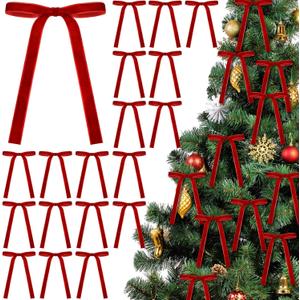 Red 24 Pcs Velvet Bows Christmas Tree Ornaments Valentines Day Bows Decoration for Garland Home Coquette Wedding Decor (5 x 7 Inch,Width of 5/8")