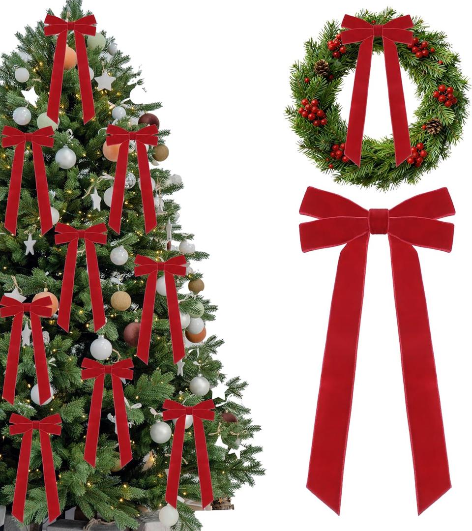15 Pcs Red Velvet Ribbon Bows Valentines Day Decorations for Tree 5in x 10in x 1in Vintage Velvet Bows for Christmas Tree Coquette Room Wreath Garland Birthday Wedding Party Decor (Red)