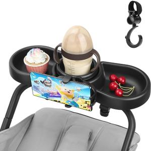 Universal Stroller Snack Tray, 4 in 1 Stroller Tray Attachment with Cups Phone Holder for Baby Toddler Stroller, 360° Rotation Universal Stroller Tray Compatible with Uppababy, Baby Jogger, etc
