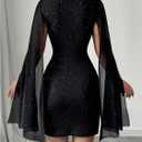 Women's Sequin Cloak Sleeve Dress Mock Neck Cocktail Long Flowy Sleeves for Going Out Fromal Prom Party (Black, L)