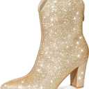 Allegra K Women's Glitter V Shape Pointy Toe Back Zipper Block Heels Mid Calf Boots, Size 9