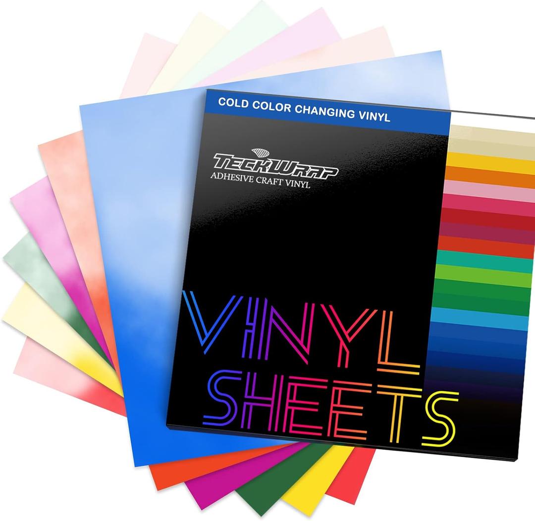 TECKWRAP Cold Sensitive Color Changing Vinyl for Craft Cutter Adhesive Permanent Vinyl Sheets(Translucent to Blue, Red, Purple,Orange,Yellow,Green),12" x 12" 6 Sheets/Pack