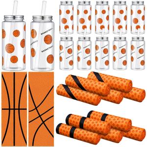 24 Pcs 14.2 Oz Basketball Plastic Cups Bulk Basketball Cooling Towel Set Include 12 Sport Theme Cups with Straw and Lid 12 Ice Towel for Sport Party Favors Player Team Gifts