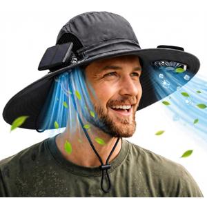 Berlune Sun Hat with 2 Solar Fan Wide Brim Fishing Bucket Hat USB & Solar for Men Women UPF 50+ Cooling for Fishing Beach (Gray)
