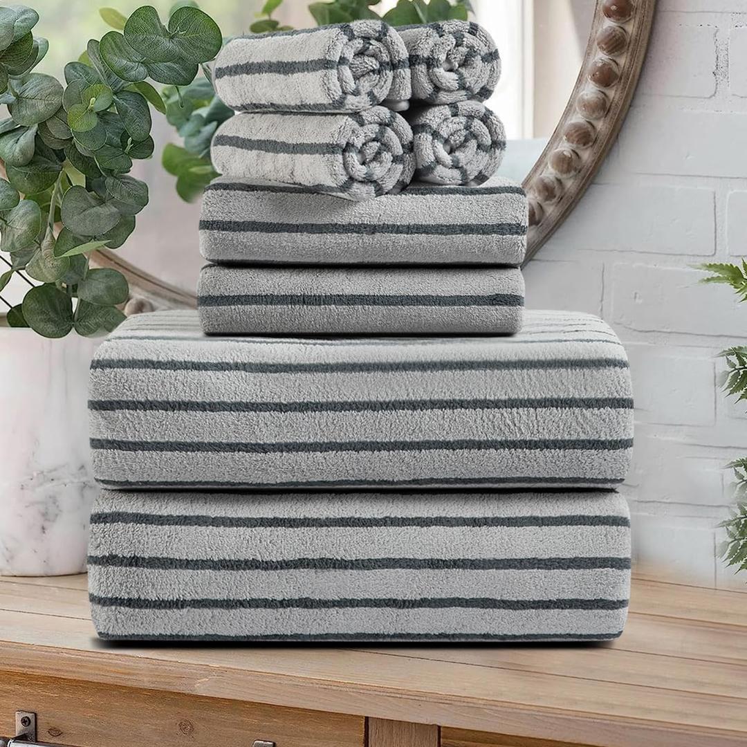 Oliven 8 Pcs Gray Cabana Stripe Bath Towel Set Oversize Bath Sheet-2 Bathroom Towels,2 Hand Towels,4 Washcloths Soft Jumbo Towels Absorbent Shower Towel Quick Dry Beach Chair Towel for Spa Gym Hotel (Grey)