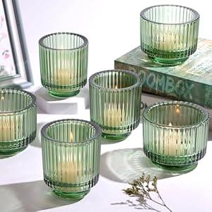 MATAHUM 6pcs Assorted Green Votive Candle Holders for Wedding Centerpieces, Vintage Ribbed Tealight Candle Holder for Home Table Decor, Large Glass Candle Holder for Christmas Decor, Bridal Shower