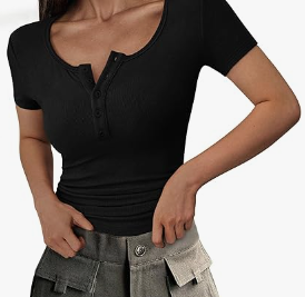 PRETTYGARDEN Women's 2025 Fall Summer Short Sleeve Tops Ribbed Henley Button Slim Fit Basic Casual T Shirts Blouse Clothing M