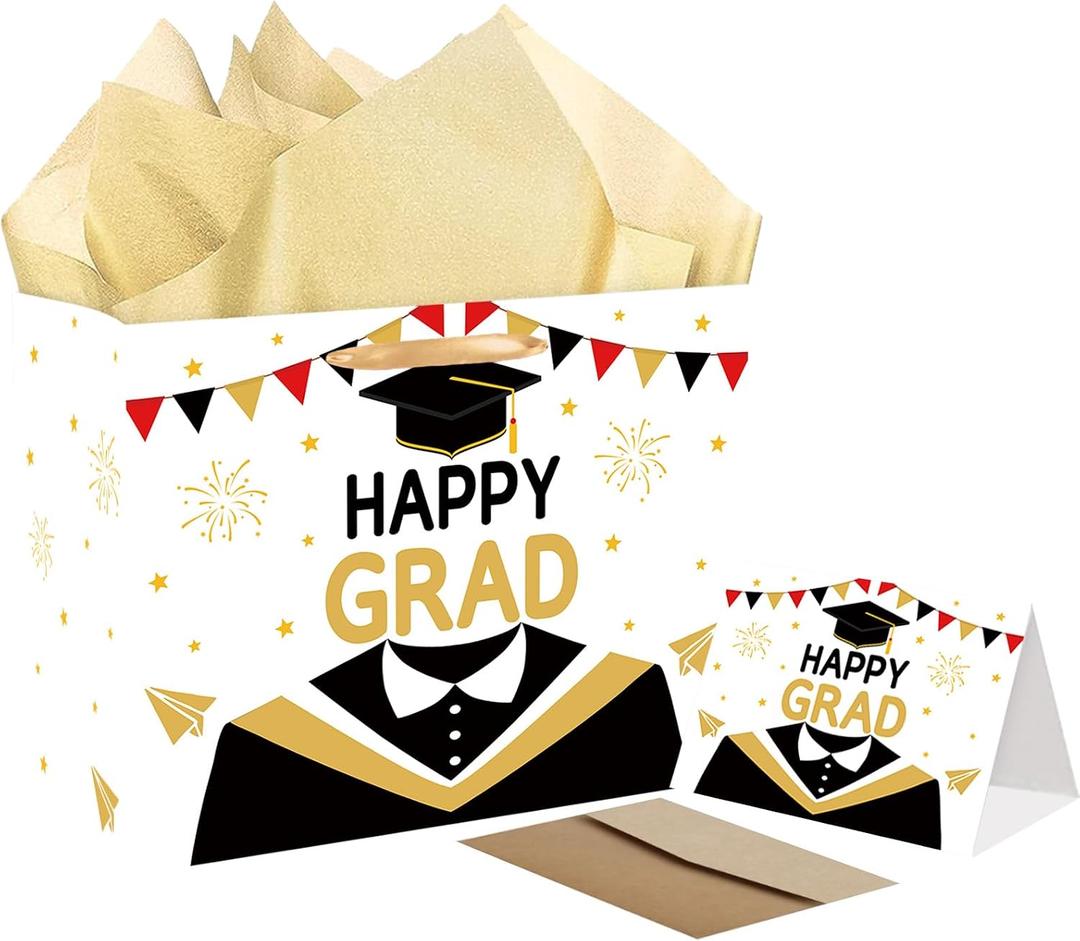 2 x HSKMAKE White 2026 Grad Gift Bag, Large Congrats Grad Gift Bag with Card and Tissue Paper, Class of 2026 Graduation Gift Wrap Bag for High School, College, Graduation Party Decorations Supplies