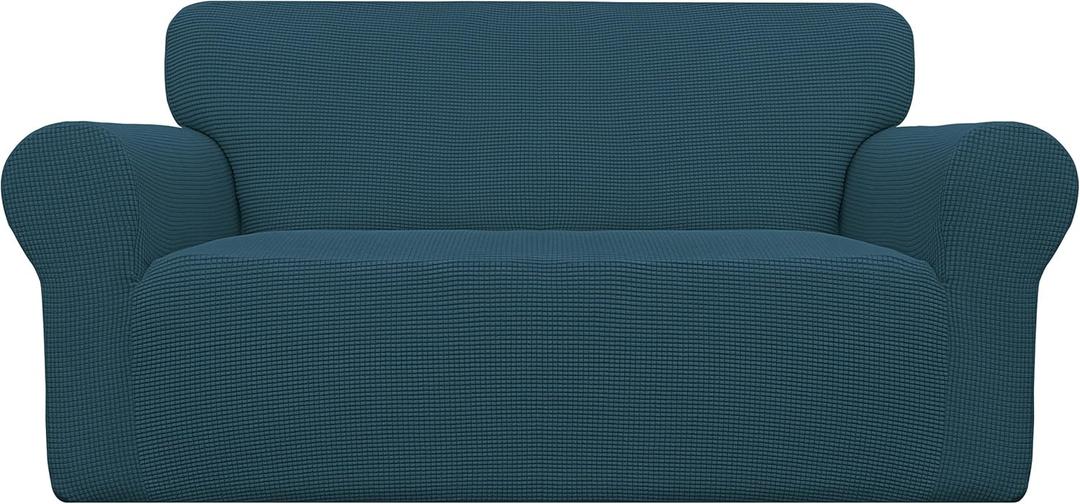 Easy-Going Stretch Oversized Loveseat Slipcover 1-Piece Sofa Cover Furniture Protector Couch Soft with Elastic Bottom for Kids Polyester Spandex Jacquard Fabric Small Checks Deep Teal (Medium-XL Loveseat)