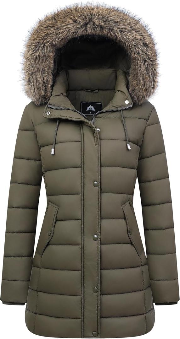 Women's Winter Thickened Down Jacket Warm Long Puffer Coat Waterproof Parka with Faux Fur Removable Hood (Large, Army Green)