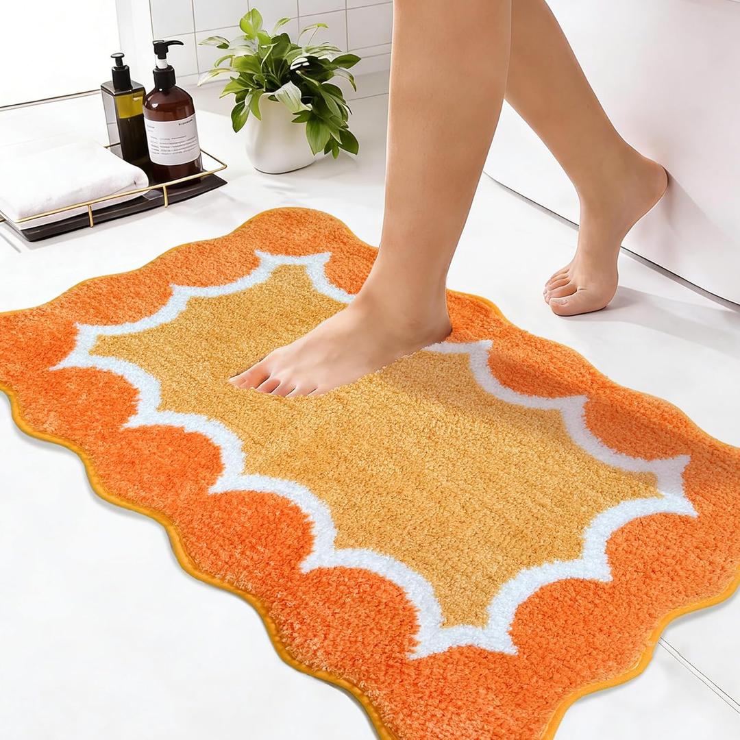 Scalloped Orange Bathroom Rugs Mat,Non Slip Absorbent Quick Dry Bath Mats for Shower Room,Plush Microfiber Bath Rug for Bathroom Floor Washable Carpet for Shower Tub Sink Bedroom,20"x32"