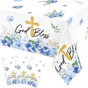 3 Pcs Baptism Tablecloth First Holy Communion Tablecloth Blue Boy God Bless Disposable Plastic Waterproof Cross Table Covers for Christening Baby Shower Religious Decor, 54 x 108 Inch