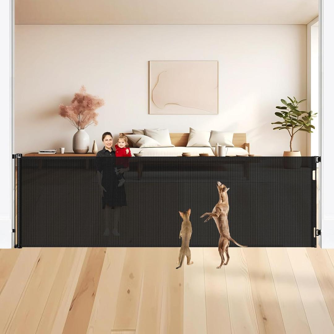 48" Tall X 135" Extra Wide Retractable Baby Gates for Large Openings, Extra Tall Dog Gates for Doorways Large Baby Gate Mesh Gate Cat Gate - Upgraded Height to Prevent Jumping Over, Black