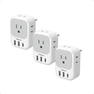 TESSAN European Travel Plug Adapter USB C 3 Pack, US to Europe Plug Adaptor with 4 AC Outlets 3 USB Charging Ports, Type C Power Adapter for USA to EU Euro Spain France Iceland Italy Germany Greece