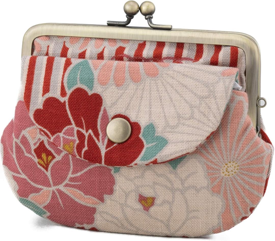 Vintage Floral Kiss Lock Coin Change Wallet Purses (Retro Flower - Red) / Made in Japan Pouch for Women