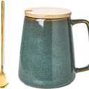 Large Ceramics Coffee Mugs,24 OZ,With Spoon And Wooden Lid,For Coffee,Tea,Cocoa,Large Handle Design,Microwave And Dishwasher Safe(Color:24 oz green set)