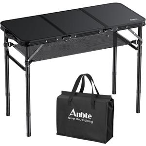 Anbte Folding Camping Table with Storage Net, 3ft Camping Table Aluminum Folding Table with 3 Adjustable Height Max 27.5 Inch Picnic Table Portable Table for Outdoor Backyard BBQ, Pure Black