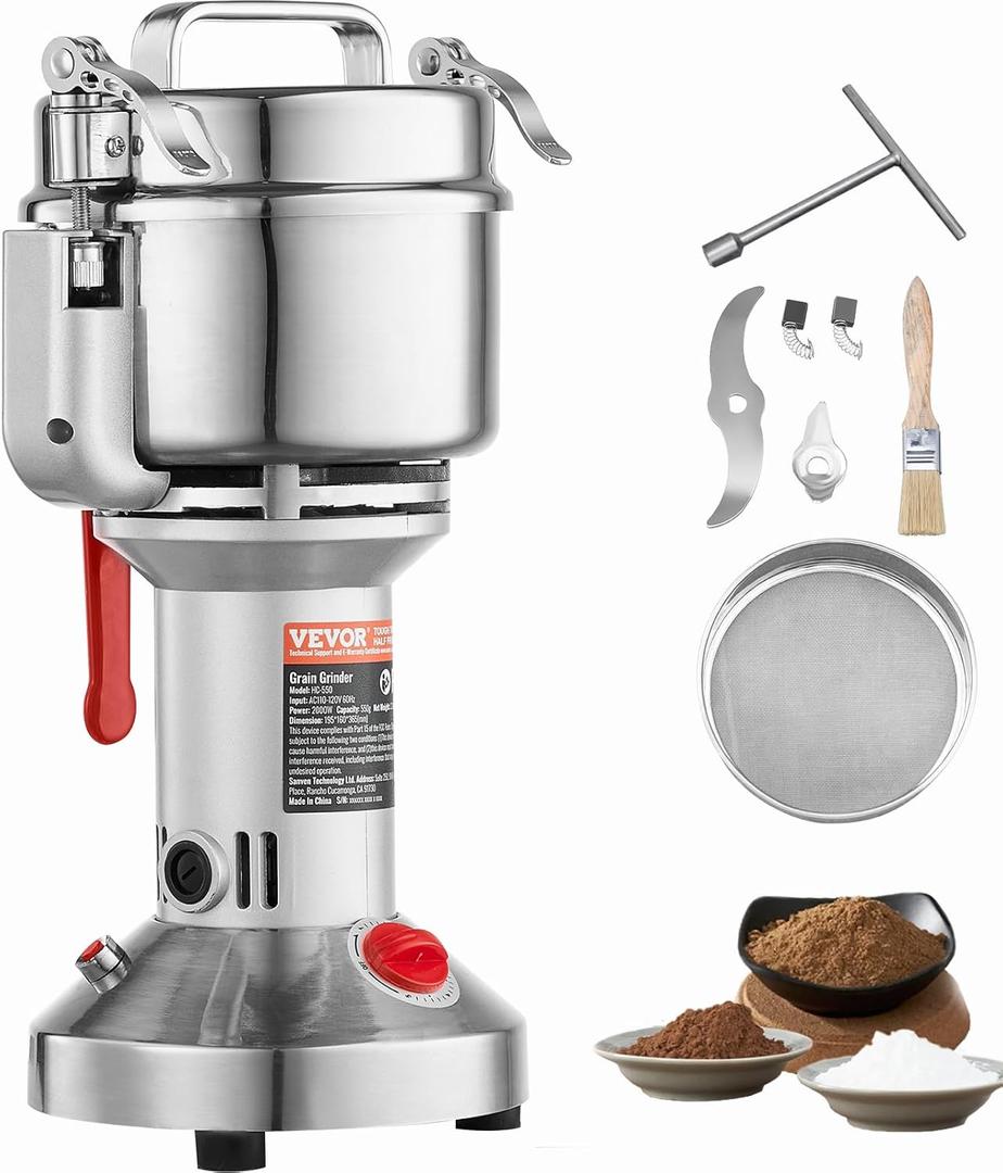 VEVOR 550g Electric Grain Mill Grinder, High Speed 2000W Commercial Spice Grinders, Stainless Steel Pulverizer Powder Machine, for Dry Grains Spices Cereals Coffee Corn Pepper, Straight Type