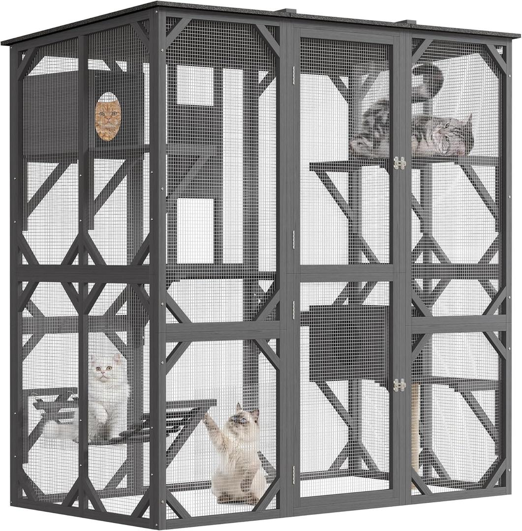 70 in Walk-in Catio with Window Access, Extra Large Outdoor Cat Enclosure for Multiple Cats, Waterproof Roof Cattery with Bridge and Scratching Post Outside Cat Patio Playpen Grey