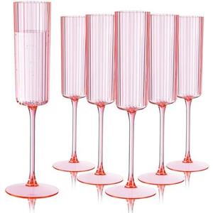 Ciaell 11 Pack Pink Plastic Champagne Flutes - 6oz Ribbed Disposable Champagne Glasses - Pink Vintage Mimosa Glasses with Long Stem, Elegant & Lightweight for Weddings and Party