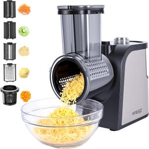 Electric Cheese Grater with Electric Dicing Function, 250W Professional Salad Maker & Electric Cheese Shredder, 5-in-1 Automatic Food Processor with Wide Feed Chute & 5 Stainless Steel Blades