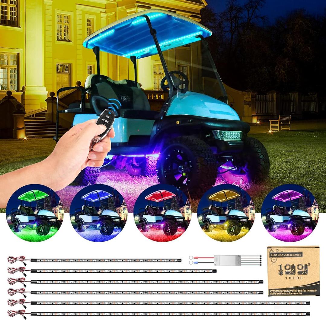 10L0L 6PCS Golf Cart Underglow LED Light Strip Kit with Canopy Lights, 22 Dream Color Modes Underglow LED Light Strip Control Music Sync IP67 12V-80V Input for Yamaha EZGO Club Car