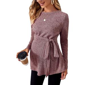 MakeMeChic Women's Maternity Shirts Casual Long Sleeve Tie Front Ribbed Knit Pregnancy Tee Top Burgundy S