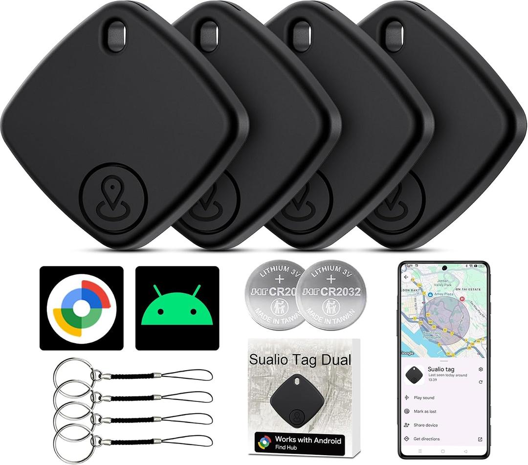 Tracker Tags-4 Pack, Google Certified Air Tracker(Android Only) Works with Find Hub, Luggage Tracker Tags Android Worldwide Tracking with 2 Replaceable Battery, Track Keys, Wallet, Suitcases (Black)