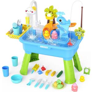 2026 Upgraded Water Table for Toddlers 1-3 - Outdoor Toys for Kids Ages 4-8 with Pump, Summer Outside Sensory Activity Pool Toys, Kitchen Play Sink Toy with Running Water, Fishing Toy, Blue