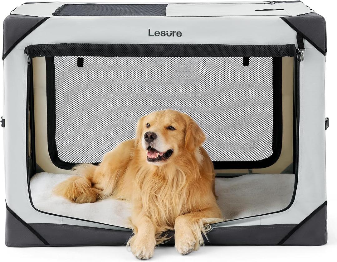 Lesure Collapsible Dog Crate - Portable Travel Kennel for Extra Large Dog, 4-Door Pet Crate with Mesh Windows, Indoor & Outdoor, Light Gray