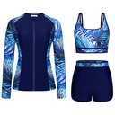 Womens Rash Guard Swimsuits Long Sleeve UV UPF 50+ Sun Protection Printed Zipper Surfing Three Piece Swimsuit Bathing Suit Blue Leaf XL