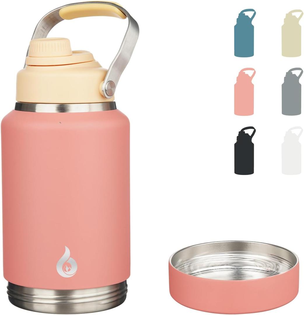BJPKPK 64oz Insulated Water Bottles, Dishwasher Safe Half gallon Water Bottle with Metal Handle, BPA Free Spout Lid & Detachable Bowl, Large Stainless Steel Jugs, Pink