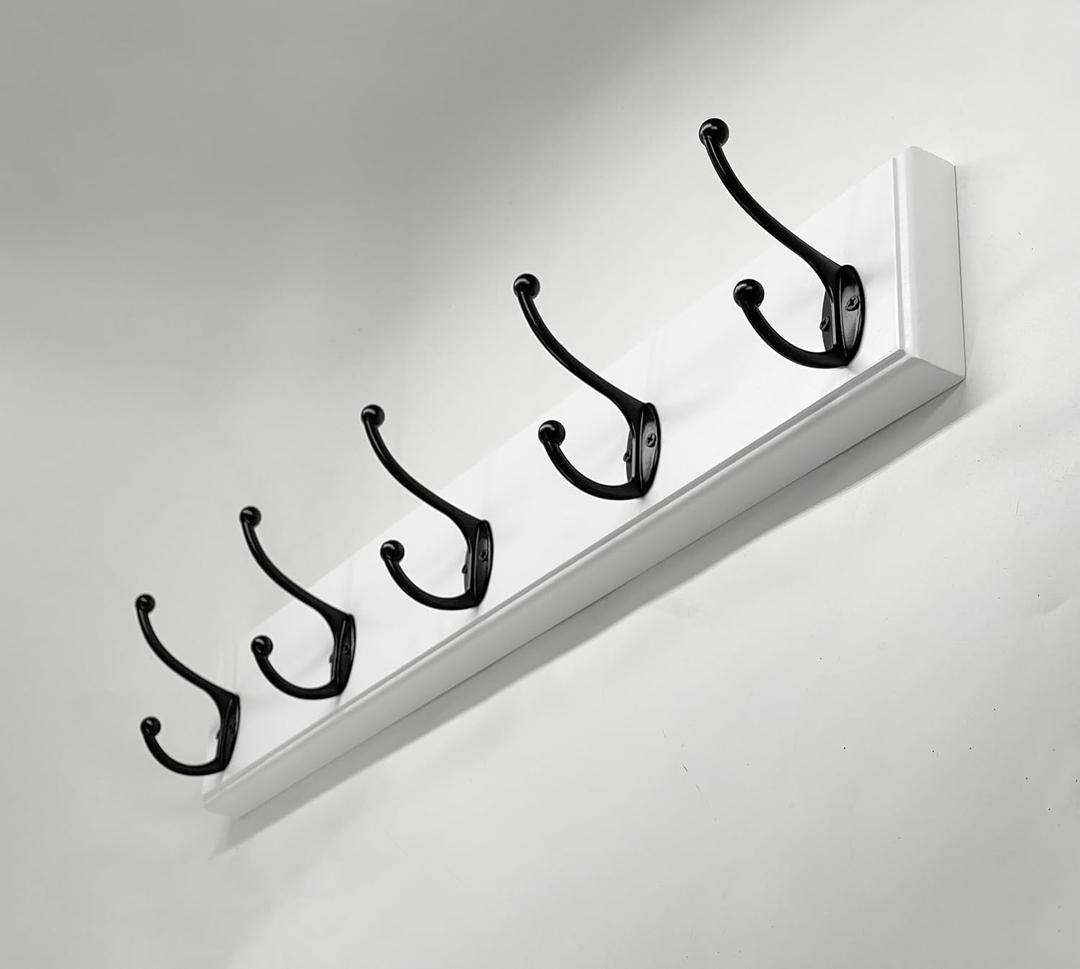 Wood Coat Rack Wall Mounted - 22 Inches, 5 Hooks, Heavy Duty, for Coat Hat Towel Purse Robes Mudroom (White Base & Black Hook)