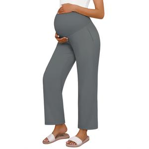 Huukeay Women's Cotton Linen Blend Maternity Pants, High Waisted Lounge Pregnancy Pants Over the Belly Trousers with Pockets(Gray,Small) (Gray)