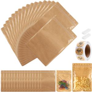 200-pack Kraft Mylar Bags with Clear Window 6" x 9" Resealable Foil Pouches for Food Storage Smell Proof Edible Packaging Bag for Cookies Jewelry Small Business Shipping Bags