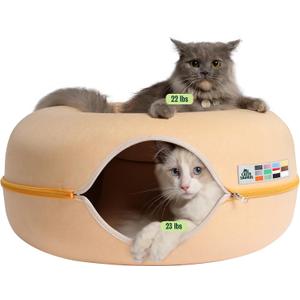 Cattasaurus Peekaboo Cat Cave Donut for Multiple & Large Cats up to 30-45 lbs, 3-in-1 Self Warming Cat Bed, Tunnel & Scratcher for Indoor Cats, Washable & Detachable Dog Bed (Pastel Macaron, Large)