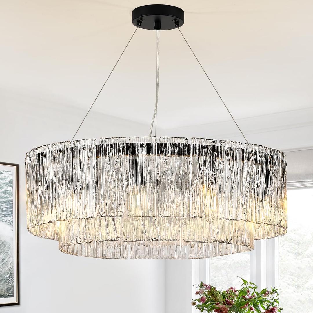 Modern Crystal Glass Round Chandelier 24Black Chandeliers 10-Light Drum Pendant Ceiling Light Fixtures Luxury 2 Tiers Hanging Lighting for Dining Room Foyer Living Room Bedroom