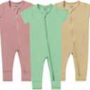 GUISBY Rayon Made from Bamboo Baby Pajamas, Summer Short Sleeve Footless Rompers, 2 Way Zipper Sleeper (0-3 Months, Sage-Peach-Light Yellow)