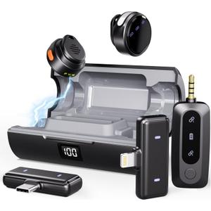 Moman Wireless Lavalier Microphone 3-in-1 Set for iPhone/Android/Camera/Laptop/PC, 48H Video Recording Active Noise Cancellation Lav Mic, Mini Clip/Magnetic Microphones for Lightning/USB-C/3.5mm