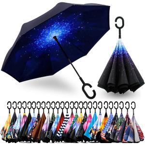 SIEPASA 49 Inch Inverted Reverse Upside Down Umbrella, Extra Large Double Canopy Vented Windproof Waterproof Stick Golf Umbrellas with C-shape Handle.