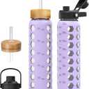 MUKOKO Glass Water Bottles, 32oz Glass Tumbler with Straw, Drinking Bottles with 2 Lids-Handle Spout Lid&Bamboo Straw Lid, Motivational Water Bottle with Time Marker and Silicone Sleeve, 1 Pack-Purple