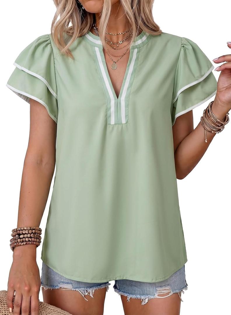 Dokotoo Womens Summer Tops 2026 Boho Floral Ruffle Short Sleeve V Neck Dressy Casual Loose Blouses Shirts (Green, XXL)