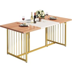 DWVO 70.8" Large Dining Table for 6-8 People, Modern Rectangular Wooden Dining Table, Rustic Kitchen Table with Heavy Duty Metal Gold Legs for Dining Room