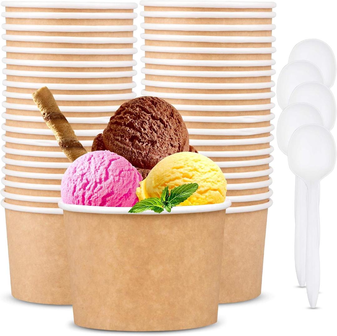 Promora 12oz Paper Ice Cream Cups Disposable 50 Count + Spoons, Bowls for Hot Soup/Dessert with Spoons, Perfect for Hot & Cold Food, Disposable Soup Bowls, Ice Cream Bowls, Frozen Yogurt (Brown 12oz)