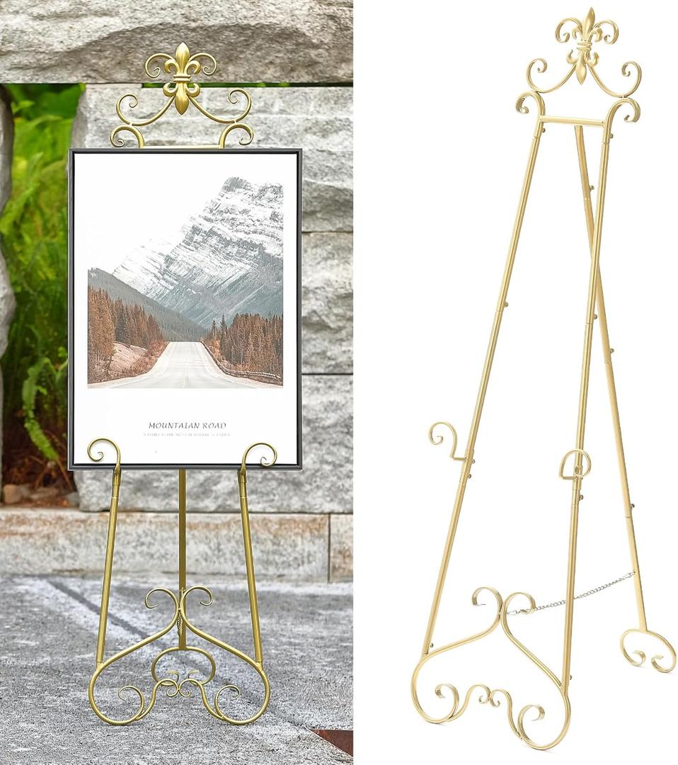 CaliDecor 60” H Gold Easel Stand for Sign, Large Adjustable Metal Display Standing for Displaying Pictures Wedding Poster Holder Showcasing with Chain Support