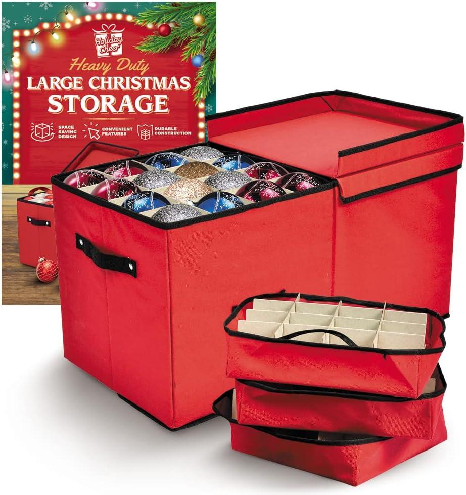Holiday Cheer Premium Christmas Ornament Storage with 8 Tray  Christmas Storage Container with Dividers Perfect for Holiday Decorations Fits 128 Holiday Ornaments  Tear-Proof Fabric (Large, Red)