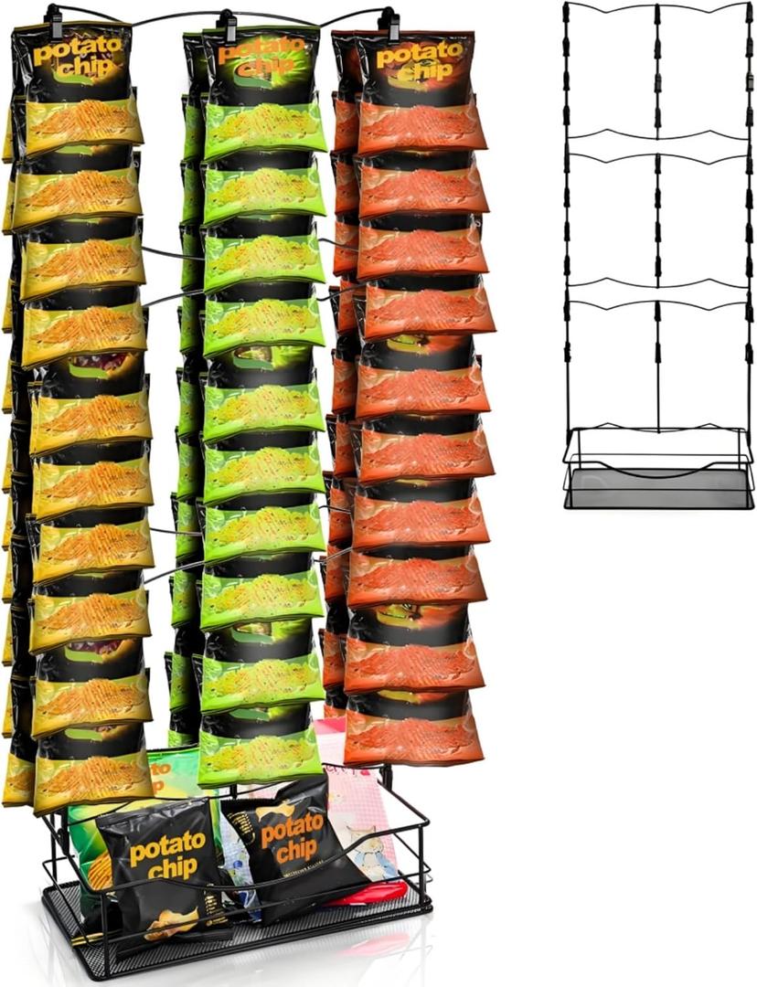 Chip Rack Display Stand, 3 Row 60 Clips Large Snack Retail Display Rack with Basket, Countertop Potato Chip Bag Candy Organizer Store Concession Stand for Party, Pantry, Office, Vendor Events