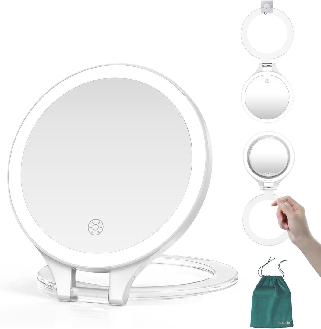Mocado Travel Makeup Mirror with Light, 1X/20X Magnifying, Double Sided, 3 Color Light, Dimmable Touch, Rechargeable, Tabletop Standing, White